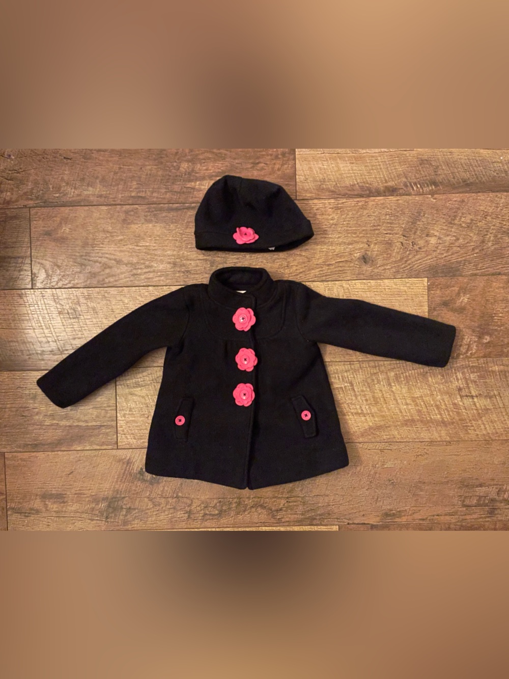 Maggie & Zoe Black Coat with Pink Flower Buttons and Matching Hat 24 months